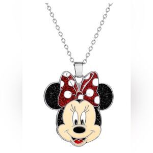 Disney Minnie Mouse Silver Tone Glitter Bow Pendant Adjustable 16” Necklace